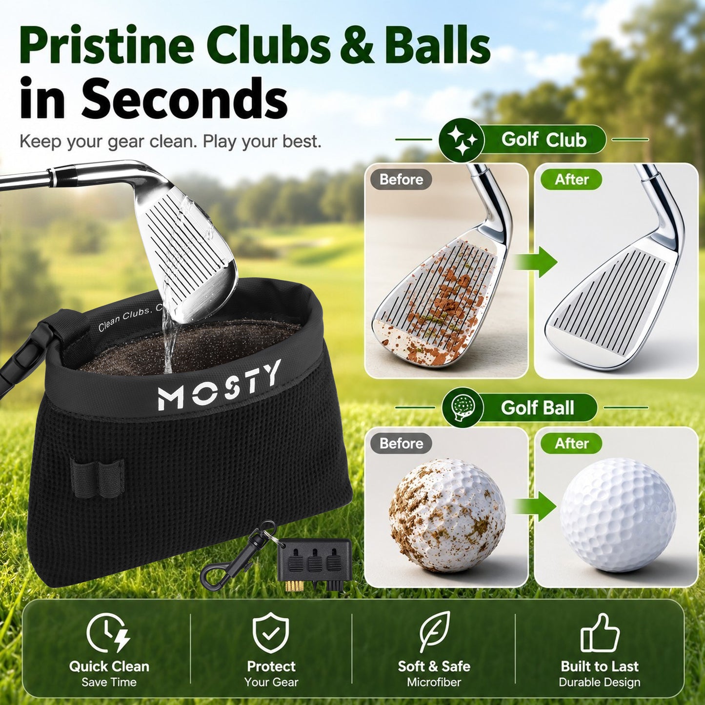 MOSTY Golf Club & Ball Cleaner Bag, Bonus Groove Brush, Leakproof & Portable