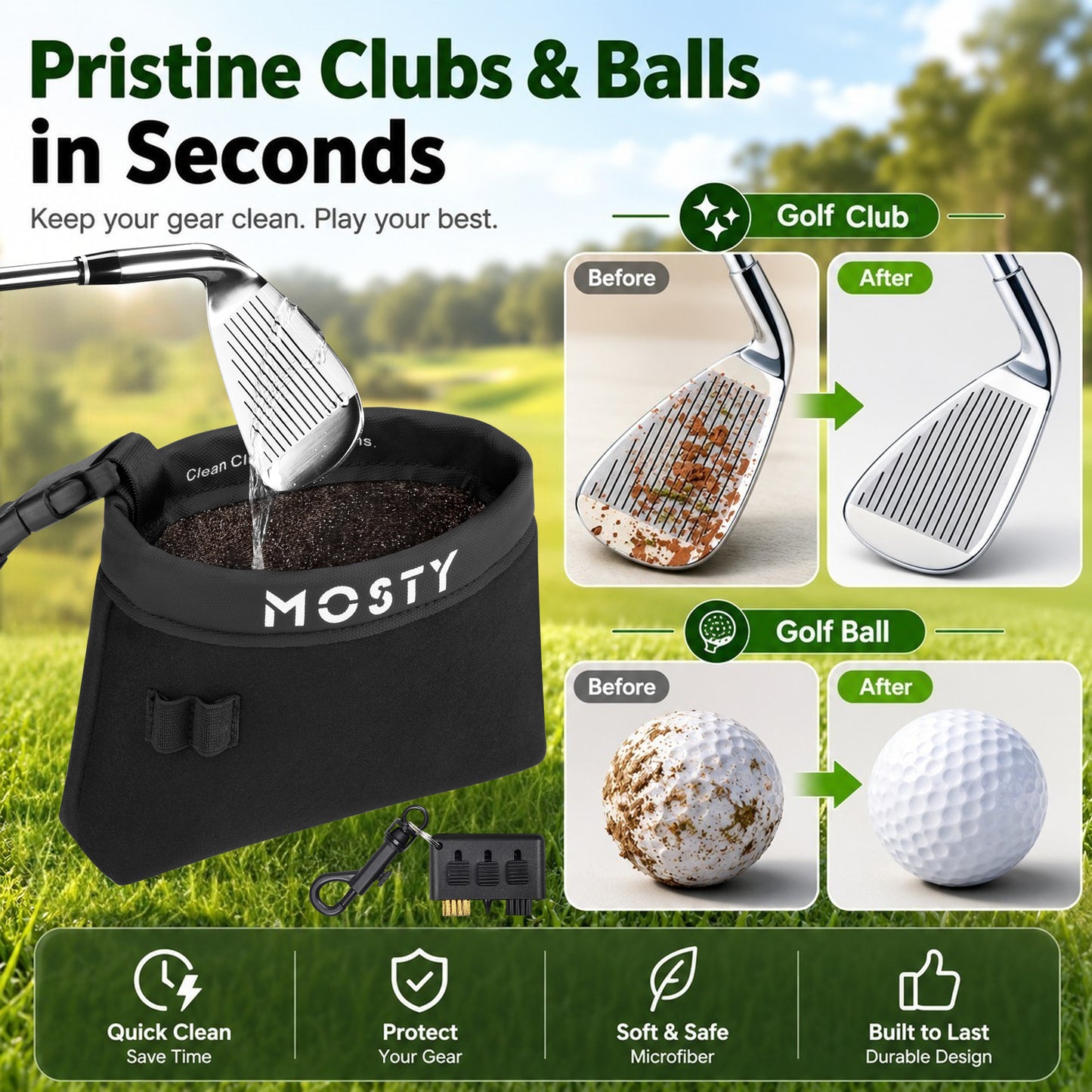 MOSTY Golf Club & Ball Cleaner Pouch | Bonus Groove Brush Included